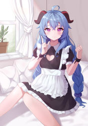 Rule 34 | 1girl, absurdres, ahoge, alternate hairstyle, bed, blue hair, blush, breasts, cleavage, cleavage cutout, clothing cutout, embarrassed, ganyu (genshin impact), genshin impact, hair between eyes, highres, horns, indoors, knees together feet apart, long hair, looking at viewer, maid, medium breasts, pillow, purple eyes, puto (put to ), sidelocks, sitting, solo, window