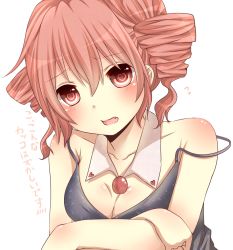 Rule 34 | 1girl, bad id, bad pixiv id, breasts, cleavage, drill hair, fang, heart, heart-shaped pupils, kasane teto, open mouth, pink hair, red eyes, short hair, short twintails, solo, symbol-shaped pupils, translation request, twin drills, twintails, utau, yamasuta