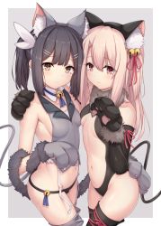 Rule 34 | 2girls, animal ear fluff, animal ears, animal hands, arata (xin), asymmetrical docking, bare shoulders, bell, black hair, black leotard, blonde hair, blush, border, breast press, breasts, brown eyes, cat ears, cat tail, center opening, closed mouth, crop top, dangeroes beast (illya), dangeroes beast (miyu), elbow gloves, fate/kaleid liner prisma illya, fate (series), feather hair ornament, feathers, gloves, grey background, hair ornament, highres, illyasviel von einzbern, illyasviel von einzbern (beast style), jingle bell, leotard, light smile, long hair, looking at viewer, miyu edelfelt, multiple girls, navel, official alternate costume, panties, paw gloves, red eyes, small breasts, tail, thighhighs, thighs, twintails, underwear, white border