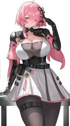 Rule 34 | 1girl, absurdres, belt, black gloves, blush, breasts, cleavage, closed mouth, gloves, hair ornament, hair over one eye, highres, large breasts, looking at viewer, medium hair, pink hair, purple eyes, short hair, smile, solo, tacet mark (wuthering waves), taoqi (wuthering waves), tassel, thighs, top tank, wuthering waves