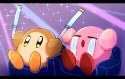 Rule 34 | chair, colored skin, commentary request, crying, glowstick, holding, holding glowstick, kirby, kirby (series), kirby 30th anniversary music festival, letterboxed, mikeli li (artist), nintendo, open mouth, pink skin, sitting, solid oval eyes, sparkle, t t, waddle dee