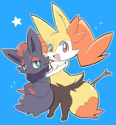 Rule 34 | blue background, braixen, carrying, closed mouth, creatures (company), funi, game freak, gen 5 pokemon, gen 6 pokemon, green eyes, half-closed eyes, legs, nintendo, open mouth, orange eyes, pokemon, pokemon (creature), simple background, smile, standing, stick, zorua
