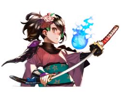 Rule 34 | 1girl, 92m, black hair, brown eyes, floral print, flower, hair flower, hair ornament, hitodama, holding sword, japanese clothes, looking at viewer, momohime, oboro muramasa, sheath, short hair, simple background, solo, sword, twintails, unsheathing, weapon