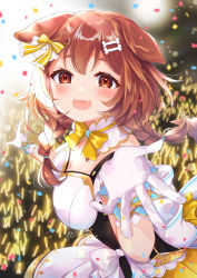 Rule 34 | 1girl, absurdres, animal ears, bone hair ornament, braid, breasts, brown eyes, brown hair, cleavage, concert, confetti, dog ears, gloves, glowstick, hair ornament, highres, hololive, idol, inugami korone, looking at viewer, medium breasts, nanawo (7nanawo), official alternate costume, open mouth, outstretched hand, signature, skirt, solo, twin braids, twintails, virtual youtuber, white gloves