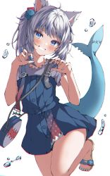 Rule 34 | 1girl, absent, absurdres, animal ears, bag, blue dress, blue eyes, blue hair, blue nails, blush, cat ears, dress, fins, fish tail, gawr gura, gawr gura (casual), grin, highres, hololive, hololive english, looking at viewer, medium hair, multicolored hair, nail polish, sandals, shark girl, shark tail, sharp teeth, shoulder bag, simple background, smile, solo, streaked hair, tail, teeth, toeless footwear, virtual youtuber, white background, white hair