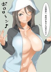 Rule 34 | 10s, 1girl, bad id, bad twitter id, blue hat, breasts, brown eyes, brown hair, covered erect nipples, fujiyama (yamandora), girls und panzer, hat, highres, jacket, large breasts, long hair, matching hair/eyes, mika (girls und panzer), naked jacket, navel, one eye closed, open clothes, open jacket, parted lips, simple background, smile, solo, track jacket, wide hips
