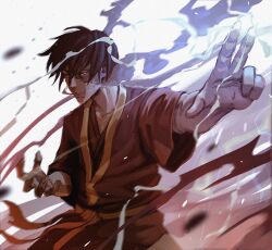 Rule 34 | 1boy, avatar: the last airbender, avatar legends, black hair, blue fire, blurry, blurry foreground, burn scar, commentary, electricity, element bending, english commentary, fire, highres, lightning, magic, male focus, mousdraws, pyrokinesis, robe, scar, simple background, solo, yellow eyes, zuko