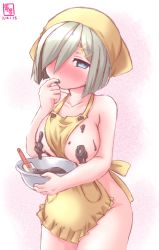 Rule 34 | 10s, 1girl, apron, bare shoulders, blue eyes, blush, bowl, breasts, chocolate, chocolate on body, chocolate on breasts, collarbone, convenient censoring, dated, finger in own mouth, finger sucking, food on body, full-face blush, hair ornament, hair over one eye, hairclip, hamakaze (kancolle), head scarf, heart, heart-shaped pupils, highres, kanon (kurogane knights), kantai collection, large breasts, looking at viewer, naked apron, short hair, silver hair, simple background, solo, spatula, symbol-shaped pupils, tenugui, yellow apron
