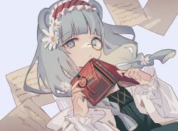 Rule 34 | 1girl, animal ears, arknights, awa iro, bear ears, black shirt, book, closed mouth, commentary request, flower, frilled hairband, frills, grey background, grey eyes, grey hair, hair flower, hair ornament, hairband, holding, holding book, istina (arknights), jacket, long hair, long sleeves, looking at viewer, monocle, official alternate costume, open book, open clothes, open jacket, puffy long sleeves, puffy sleeves, red hairband, shirt, simple background, sleeves past wrists, solo, upper body, white flower, white jacket