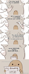 Rule 34 | +++, ..., 5koma, :3, :d, :i, ambiguous gender, artist name, blush stickers, brown background, closed mouth, comic, commentary, english commentary, english text, finger gun, hands up, highres, holding, kawacy, open mouth, original, own hands together, parted lips, potato, smile, solid circle eyes, thumbs up