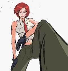 Rule 34 | fleshmonk, highres, lipstick, makeup, mature female, midriff, navel, necktie, red hair, snk, solo, suspenders, the king of fighters, vanessa (kof)