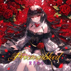 Rule 34 | 1girl, album cover, album name, animal print, black dress, black hair, breasts, butterfly print, cleavage, closed mouth, commentary request, cover, dress, dress flower, english text, falling petals, flower, hair ornament, highres, large breasts, leaf, long hair, looking at viewer, original, petals, pointy ears, print dress, red eyes, red flower, red petals, red rose, rose, sitting, smile, solo, stitched, thighhighs, third-party edit, tochigi kirihito, very long hair, white thighhighs