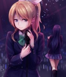 Rule 34 | 10s, 2girls, ayase eli, blazer, blonde hair, blue eyes, blue hair, buttons, close-up, from behind, long hair, long sleeves, looking to the side, love live!, love live! school idol project, microphone, microphone stand, multiple girls, ponytail, school uniform, skirt, sonoda umi, upper body, yukiiti