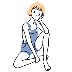Rule 34 | 1girl, absurdres, bare legs, barefoot, blonde hair, blue overalls, colored skin, expressionless, flat chest, flat color, full body, highres, knee up, naked overalls, original, overalls, short hair, simple background, sitting, solo, white background, white skin, yuna s illust