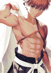 Rule 34 | 1boy, abs, emiya shirou, fate/grand order, fate (series), grin, highres, holding, igote, limited/zero over, looking at viewer, male focus, orange hair, pectorals, senji muramasa (fate), smile, toned, toned male, topless male, upper body, wristband, xkirara39x, yellow eyes