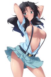 Rule 34 | 1girl, aoshidan school uniform, aqua eyes, arms behind head, black hair, blue shirt, blue skirt, blush, breasts, character request, collared shirt, commentary request, contrapposto, cowboy shot, el (girls und panzer), girls und panzer, hair intakes, highres, kuzuryuu kennosuke, large breasts, long hair, miniskirt, navel, open clothes, open shirt, parted lips, pleated skirt, school uniform, shiny skin, shirt, short sleeves, sidelocks, simple background, skindentation, skirt, solo, stomach, suspender skirt, suspenders, white background