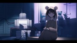 Rule 34 | 1girl, absurdres, animal costume, asymmetrical hair, barefoot, bear costume, brown eyes, brown hair, closed mouth, commentary, crt, hair ornament, hairclip, highres, iwakura lain, looking at viewer, serial experiments lain, short hair, sitting, solo, vodoke, x hair ornament