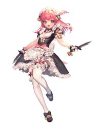Rule 34 | bow, bowtie, breasts, destiny child, dress, food, frilled dress, frilled thighhighs, frills, fruit, hair ornament, knife, maid, maid headdress, pink eyes, pink hair, small breasts, strawberry, tagme, thighhighs, transparent background, tyrving (destiny child)