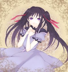 Rule 34 | 10s, 1girl, akemi homura, alternate costume, alternate hairstyle, black hair, dress, frilled sleeves, frills, hair ribbon, long hair, mahou shoujo madoka magica, mahou shoujo madoka magica (anime), mitsuwo320, own hands clasped, own hands together, purple dress, purple eyes, ribbon, sidelocks, smile, solo, twintails