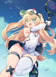 Rule 34 | 1girl, :d, azur lane, bache (azur lane), bache (showy sports star) (azur lane), bare shoulders, blonde hair, blue eyes, blue sky, breasts, cameltoe, chingisu, cloud, commentary request, day, elbow gloves, fangs, gloves, goggles, green-tinted eyewear, green-tinted glasses, hair ornament, hairclip, holding, holding racket, leotard, long hair, open mouth, pleated skirt, racket, single thighhigh, skirt, sky, smile, solo, sunglasses, sweat, tennis racket, thigh strap, thighhighs, tinted eyewear, twintails, two side up, visor, visor cap, white gloves, white thighhighs