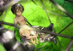 Rule 34 | 1boy, 1girl, blonde hair, brown hair, commentary request, dark skin, facial mark, from above, glasses, grass, hairband, helmet, highres, long hair, lying on person, made in abyss, mechanical arms, nanase (7se 1015), on ground, pointy ears, regu (made in abyss), riko (made in abyss), short hair, twintails, whistle, yellow eyes