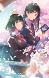 Rule 34 | 2girls, :o, absurdres, black hair, black jacket, blazer, book, brown eyes, cherry blossoms, closed mouth, collared shirt, flower, hand up, highres, holding, holding book, jacket, long hair, long sleeves, looking at another, multiple girls, nail polish, necktie, one eye closed, original, outdoors, parted lips, pink flower, school uniform, shirt, short hair, smile, standing, tree, white shirt, yukimaru nun