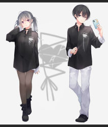 Rule 34 | 1boy, 1girl, bandaid, black choker, black footwear, black hair, black shirt, boots, broken halo, brown pantyhose, cellphone, choker, collared shirt, commentary request, dress shirt, grey background, grey hair, hair between eyes, halo, hand up, heart, highres, holding, holding phone, kuroi (liar-player), letterboxed, long sleeves, looking at viewer, original, pants, pantyhose, phone, purple eyes, shirt, shoes, signature, sleeves past wrists, twintails, white pants