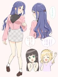 Rule 34 | 3girls, alternate hairstyle, black hair, black shirt, blonde hair, blue eyes, blue hair, blue shirt, blush, braid, brown footwear, clenched hands, closed eyes, commentary request, crown braid, green eyes, grey jacket, hair ornament, hairclip, hand up, highres, jacket, kurosawa dia, long hair, long sleeves, love live!, love live! sunshine!!, matsuura kanan, medium hair, mochi (15 ricecake), mole, mole under mouth, multiple girls, multiple views, ohara mari, open mouth, plaid clothes, plaid skirt, shirt, shoes, single hair ring, skirt, sleeveless, smile, socks, translation request, white background, white shirt, white socks