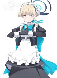 Rule 34 | 1girl, apron, doodle sensei (blue archive), black dress, black gloves, blonde hair, blue archive, blue bow, blue bowtie, blue eyes, blue ribbon, bow, bowtie, chest harness, closed mouth, dress, earpiece, fingerless gloves, fist in hand, frilled apron, frills, gloves, hair ribbon, halo, harness, highres, hoshino ouka, long sleeves, looking at viewer, maid, maid apron, peroro (blue archive), pouch, ribbon, sensei (blue archive), short hair, simple background, sleeve cuffs, solo focus, toki (blue archive), white apron, white background
