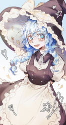Rule 34 | 1girl, absurdres, apron, black dress, black hat, blue eyes, blue hair, braid, breasts, commentary, cosplay, dress, english commentary, fang, frilled apron, frilled hat, frills, hat, heart, heart-shaped pupils, highres, izayoi sakuya, kirisame marisa, kirisame marisa (cosplay), long hair, puffy short sleeves, puffy sleeves, rivernull, shirt, short sleeves, simple background, skin fang, small breasts, solo, star (symbol), sweat, symbol-shaped pupils, touhou, twin braids, white apron, white background, white shirt, witch hat