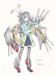 Rule 34 | 10s, 1girl, artistic error, ascot, braid, character name, coat, dress shirt, flag, full body, green eyes, grey hair, grey skirt, grey thighhighs, highres, hms rodney, kantai collection, long hair, long sleeves, machinery, original, shirt, simple background, single braid, skirt, solo, striped clothes, striped skirt, thighhighs, traditional media, turret, union jack, united kingdom, very long hair, white background, white ensign, yorktown cv-5, zettai ryouiki