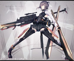 Rule 34 | 10s, 1girl, bike shorts, bow (weapon), brown hair, character name, crossbow, flat chest, flight deck, full body, grid, gun, headgear, highres, huge weapon, kantai collection, letterboxed, long sleeves, marumoru, pleated skirt, ribs, rifle, serious, skirt, sniper rifle, solo, spread legs, standing, taihou (kancolle), thighhighs, weapon, yellow eyes