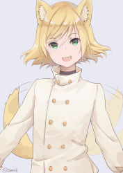 Rule 34 | 1boy, animal ears, artist name, blonde hair, choker, coat, green eyes, highres, looking at viewer, lugh beowulf, mahou tsukai no yoru, male focus, open mouth, sionne7724, smile, solo, tail, tail wagging, wolf boy, wolf ears, wolf tail