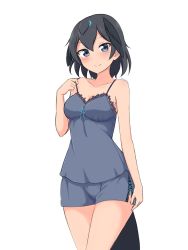 Rule 34 | 1girl, absurdres, alternate costume, arm at side, bare arms, bare shoulders, black hair, blue eyes, blush, boyshort panties, breasts, camisole, collarbone, grey camisole, grey panties, hair between eyes, hand up, head wings, highres, kemono friends, looking at viewer, medium breasts, medium hair, panties, shiraha maru, simple background, smile, solo, spaghetti strap, strap pull, superb bird-of-paradise (kemono friends), tail, twitter username, underwear, underwear only, white background, wings