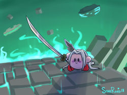Rule 34 | 1boy, :&gt;, aqua background, artist name, black eyes, blush stickers, closed mouth, commentary, cosplay, english commentary, final fantasy, final fantasy vii, fire, fire, glowing, hair intakes, highres, holding, holding sword, holding weapon, kirby, kirby (series), long hair, masamune (ff7), meme, nintendo, parted bangs, sephiroth, sephiroth (cosplay), silver hair, single wing, solid oval eyes, star (symbol), starroad, stone floor, super smash bros., sword, weapon, wings