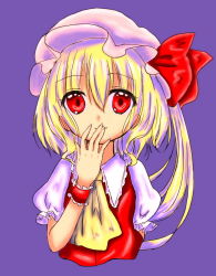Rule 34 | 1girl, arm at side, ascot, asymmetrical hair, blonde hair, bow, flandre scarlet, hair between eyes, hair bow, hand to own mouth, hat, highres, himeco, looking at viewer, mob cap, pov, puffy short sleeves, puffy sleeves, red eyes, short hair, short sleeves, side ponytail, smile, solo focus, touhou, upper body, wrist cuffs
