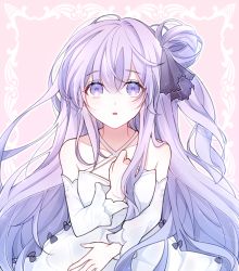 Rule 34 | 1girl, ahoge, azur lane, collarbone, commentary request, detached sleeves, dress, hair bun, hair ribbon, long hair, looking at viewer, mattang, one side up, parted lips, purple eyes, purple hair, ribbon, side bun, single hair bun, single side bun, solo, unicorn (azur lane), white dress