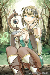 Rule 34 | 1girl, bare shoulders, belt, blue eyes, breasts, bridal gauntlets, butterfly hair ornament, cleavage, company name, detached collar, detached sleeves, elbow gloves, forest, gloves, hair ornament, kumio34, nature, official art, open mouth, outdoors, pantyhose, pointy ears, short hair, sitting, solo, soukoku no regalia, tree