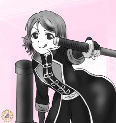 Rule 34 | 1girl, :p, aqua eyes, artist name, artist request, black cardigan, black gloves, black pants, black shirt, blue eyes, blush, breasts, brown hair, cardigan, collared jacket, female focus, gloves, grey hair, hair between eyes, holding, holding sword, holding weapon, jacket, leaning forward, light brown hair, looking at viewer, love live!, love live! sunshine!!, pants, parted lips, psycyclone j, shirt, short hair, small breasts, smile, solo, sword, tongue, tongue out, watanabe you, weapon