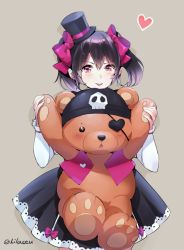 Rule 34 | 10s, 1girl, :p, bandana, black hair, blush, bow, cowboy shot, eyepatch, grey background, hair bow, hat, heart, lilaccu, love live!, love live! school idol project, pink eyes, signature, simple background, solo, stuffed animal, stuffed toy, teddy bear, tongue, tongue out, twintails, twitter username, yazawa nico