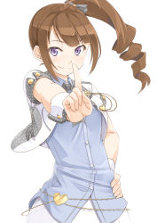 Rule 34 | 10s, 1girl, brown hair, hand on own hip, idolmaster, idolmaster million live!, index finger raised, long hair, looking at viewer, miri (ago550421), purple eyes, side ponytail, simple background, smile, solo, white background, yokoyama nao