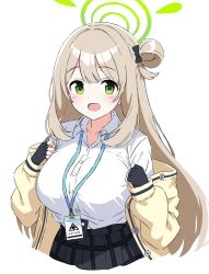 Rule 34 | 1girl, black bow, blue archive, bow, breasts, collared shirt, dot nose, fingerless gloves, gloves, green eyes, green halo, hair bow, hair bun, halo, happy, highres, id card, jacket, kousuke0912, lanyard, large breasts, light blush, light brown hair, long hair, looking at viewer, nonomi (blue archive), open clothes, open jacket, open mouth, plaid, plaid skirt, pleated skirt, shirt, sidelocks, simple background, single hair bun, single side bun, skirt, solo, swept bangs, upper body, white background, white shirt, yellow jacket