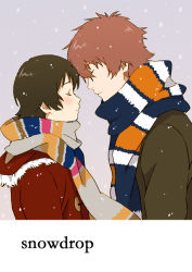 Rule 34 | 00s, 1boy, 1girl, bad id, bad pixiv id, brown hair, closed eyes, coat, face-to-face, forehead-to-forehead, heads together, konno makoto, mako (macomaco7), mamiya chiaki, multicolored clothes, multicolored scarf, profile, scarf, short hair, snowing, striped clothes, striped scarf, toki wo kakeru shoujo