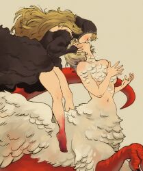 Rule 34 | 2girls, barefoot, black dress, blonde hair, blood on feet, brown background, centaur&#039;s kiss, chimera, closed eyes, commentary, dragon tail, dress, dungeon meshi, english commentary, facing another, falin touden, falin touden (chimera), feathered wings, fine art parody, from side, fur-trimmed dress, fur trim, hand on another&#039;s head, hands up, head back, head scarf, interspecies, kiss, legs, long hair, marcille donato, marcille donato (lord), monster girl, multiple girls, navel, off-shoulder dress, off shoulder, parody, profile, scales, short hair, simple background, sleeves past wrists, tail, taur, tuherrus, wings, yuri