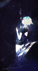 Rule 34 | 10s, 1other, androgynous, belt, blue eyes, blue hair, bubble, dark, flat chest, green hair, houseki no kuni, matching hair/eyes, multicolored hair, other focus, pale skin, pen (penchop), phosphophyllite, profile, puffy short sleeves, puffy sleeves, short hair, short shorts, short sleeves, shorts, solo, space, spoilers, star (sky)