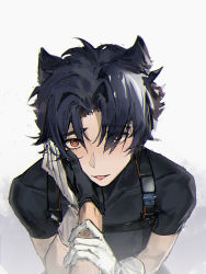 Rule 34 | 1boy, 1other, an de-and, animal ears, arknights, bishounen, black gloves, black shirt, cat boy, cat ears, commentary, commentary request, from above, gloves, hand on another&#039;s arm, hand on another&#039;s face, highres, male focus, orange eyes, pov, shirt, short hair, solo focus, suspenders, tongue, tongue out, white gloves, windflit (arknights)