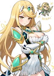 Rule 34 | 1girl, bare legs, bare shoulders, blonde hair, blush, breasts, chest jewel, cleavage, cleavage cutout, clothing cutout, dress, earrings, elbow gloves, gem, gloves, hair ornament, headpiece, highres, jewelry, large breasts, long hair, looking at viewer, mythra (xenoblade), nintendo, short dress, smile, solo, swept bangs, takeashiro, tiara, very long hair, white dress, white gloves, xenoblade chronicles (series), xenoblade chronicles 2, yellow eyes