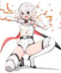 Rule 34 | 1girl, :d, absurdres, awai chitose, belt, black belt, boots, breasts, clenched hands, elbow gloves, eye mask, fire, gloves, grey background, grey hair, grey leotard, hands up, high heel boots, high heels, highres, leotard, open mouth, red eyes, shiny skin, short hair, shy (character), shy (series), simple background, small breasts, smile, solo, squatting, teeth, thigh boots, tongue