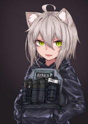Rule 34 | 1girl, :d, absurdres, ahoge, animal ear fluff, animal ears, black background, blue jacket, brown background, cat ears, clip (weapon), commentary request, fang, gradient background, green eyes, grey hair, hair between eyes, hands in pocket, highres, hood, hood down, hooded jacket, ivan wang, jacket, looking at viewer, open mouth, original, sidelocks, smile, solo, thick eyebrows