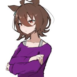 Rule 34 | 1girl, agnes tachyon (umamusume), ahoge, animal ears, brown hair, closed mouth, collarbone, commentary request, crossed arms, earrings, highres, horse ears, horse girl, jewelry, messy hair, official alternate costume, purple sweater, quraqura nemii, red eyes, short hair, simple background, single earring, solo, sweater, umamusume, upper body, white background
